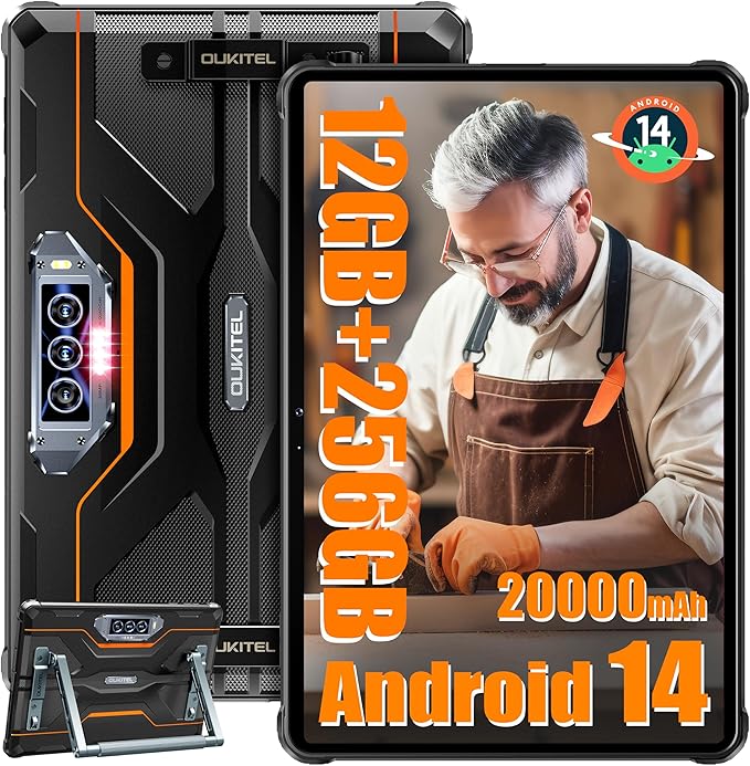 OUKITEL RT8 Android 14 Rugged Tablet - 11 inch Octa-Core MTK Helio G99 Waterproof Tablets with Folding Stand, 20000mAh 12GB RAM+256GB ROM/1TB 48MP+32MP Camera Tablet PC, IP68&IP69K/TÜV/Dual SIM 4G LTE