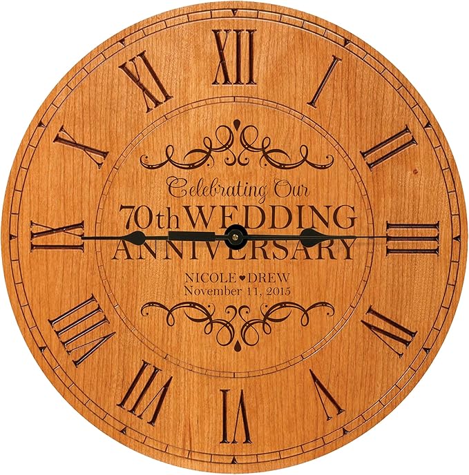 LifeSong Milestones Personalized 70th Anniversary Engraved Cherry Wall or Desktop Clock for Living Room Bedroom, Kitchen, Office, New Home, Couples Gift 12 Inch Diameter (Celebrating Our)