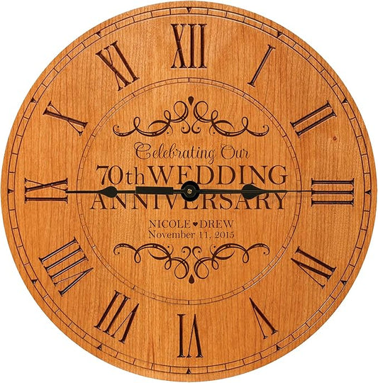 LifeSong Milestones Personalized 70th Anniversary Engraved Cherry Wall or Desktop Clock for Living Room Bedroom, Kitchen, Office, New Home, Couples Gift 12 Inch Diameter (Celebrating Our)