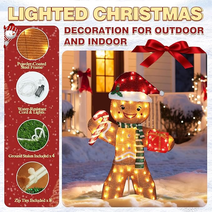 5FT Gingerbread Man with Candy Cane and Gift Box Decoration, 2.5D Pre-Lit Gingerbread Man Decor with 120 LED Lights for Christmas, Freestanding Glittered Holiday Display for Outdoor, Indoor