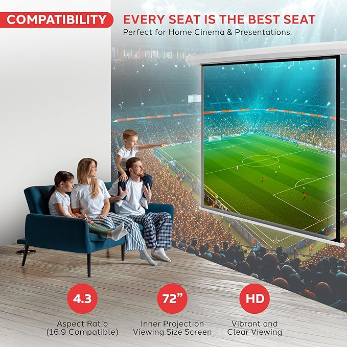 Pyle 72" Portable Motorized Matte White Projector Screen - Automatic Projection Display with Wall/Ceiling Mount, Remote and Case - for Home Movie Theater, Slide/Video Showing - PRJELMT76