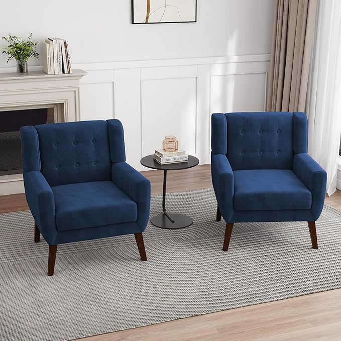 UIXE Velvet Accent Chairs Set of 2, Modern Arm Chair Mid-Century Living Room Armchair, Comfy Upholstered Button Tufted Reading Seat Bedroom Side Sitting, Royal Blue
