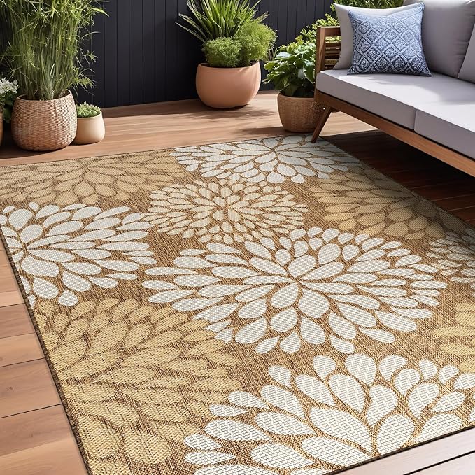 Beverly Rug Outdoor Rug 9x12 Modern Exotic Tropical Leaf Area Rugs for Indoor and Outdoor Patio Deck Porch Garden Water Resistant Washable Outside Carpet (9 x 12 Wooden)