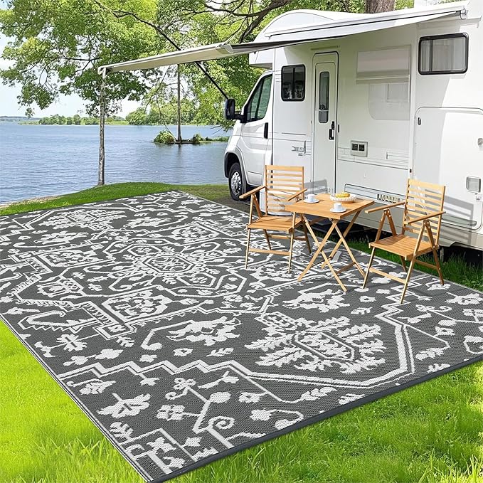 Outdoor Rug 9x12 Waterproof Reversible Plastic Straw Patio Rug, Stain-Resistant Vintage Medallion Carpet, Large Easy-Cleaning Indoor Outdoor RV Mat for Deck, Camping, Balcony, Grey White