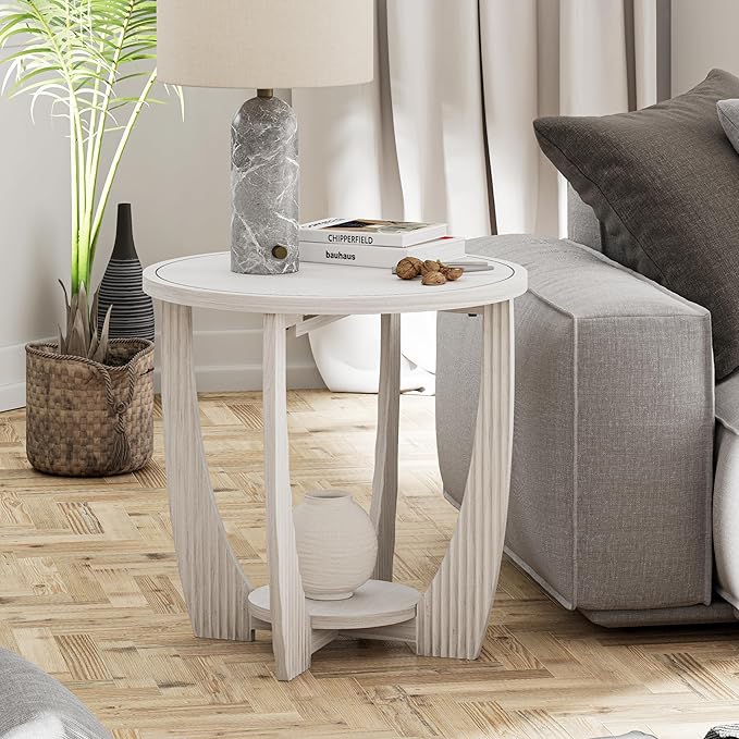 Rustic Farmhouse end Table with Storage Shelf, French Country Accent Side Table for Family, Dinning or Living Room, Small Spaces, Modern, Round, White