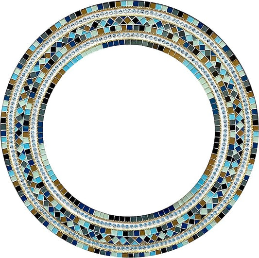 Mosaic Mirror, Wall Art Décor – Handcrafted Decorative Wall Mirror, Light and Navy Blue, Brown, Gray, and Black Round Mosaic