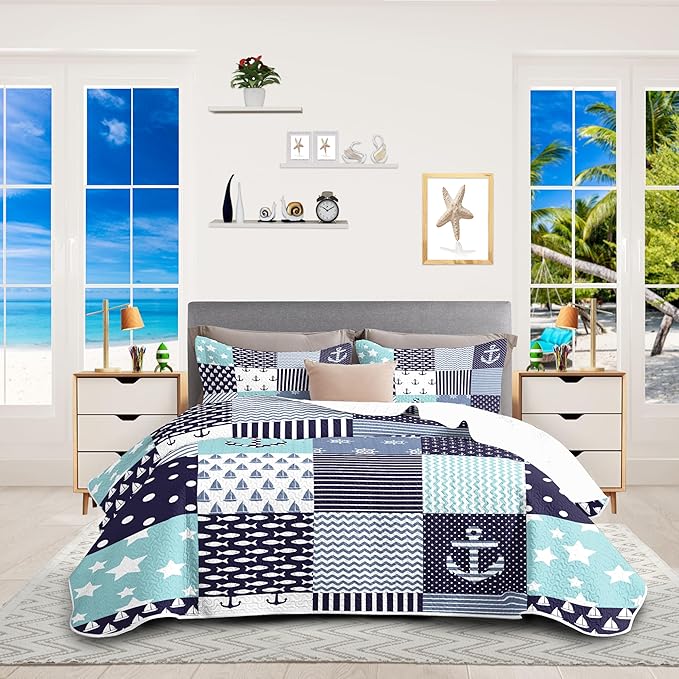 Nautical Bedding King Size Coastal Quilt with 2 Shams, Coastal Beach Comforter Sets Ocean Bedspreads Blue Seaturtle Coverlet Summer Bedding, 96''x106''