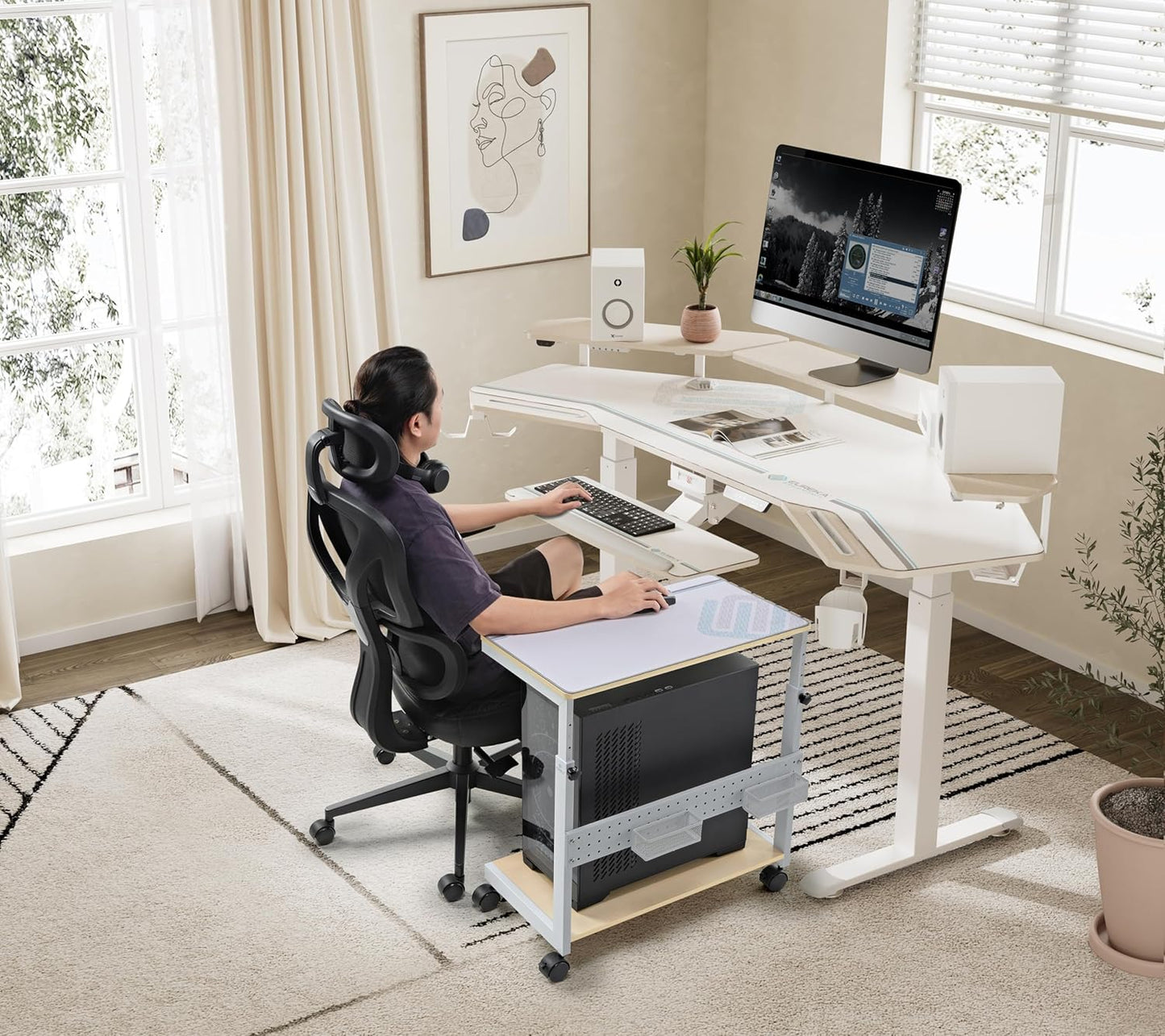 EUREKA ERGONOMIC PC Stand Computer Cart, Height Adjustable Tower Stand 2-Tier Suit for ATX Case Printer, Metal Rolling Cart on Wheels for Gaming Home Office, Maple