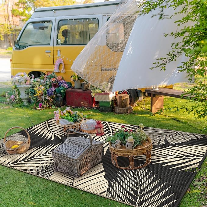 GENIMO Outdoor Rug 8' x 10' Waterproof for Patios Clearance, Reversible Outdoor Plastic Straw Camping Rug Carpet, Large Area Rugs Mats for RV, Camper, Deck, Balcony, Porch, Beach, Picnic, Black&Beige
