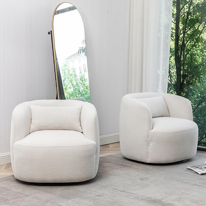 KINWELL 34" Wide Boucle Swivel Barrel Chairs Set of 2, No Assembly Round Upholstered Armchairs Accent Chairs Single Sofa Chair with Toss Pillow for Living Room and Bedroom, Beige