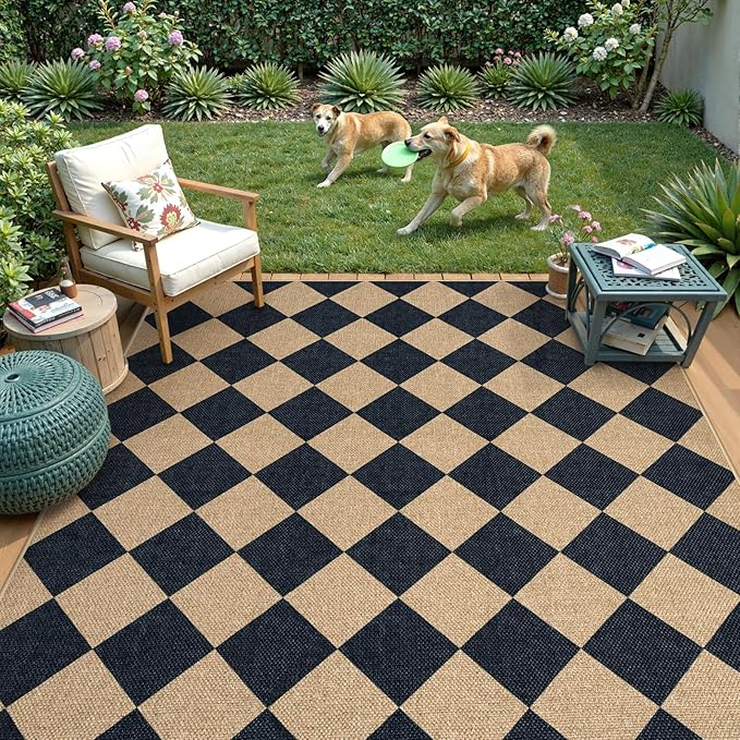 Lahome Checkered Easy Jute Outdoor Rug, Large 6x9 Rug for Living Room Checkerboard Indoor Outdoor Carpet, Farmhouse Patio Office Mat Geometric Non Slip Black Carpet for Backyard Dining Room