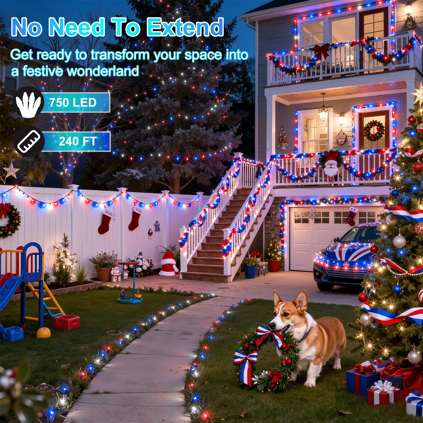 XIKENGSHQ 240FT 750LED Christmas String Lights, Waterproof, 12 Modes, Red Blue White, Green Wire, for Indoor/Outdoor Decor