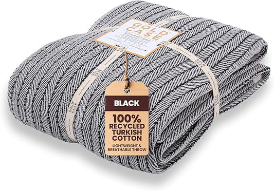 Gold Case Throw Blanket for Bed – 100% Recycled Turkish Cotton Bed Blanket – Decorative Throw Cotton Blankets for Living Room & Bedroom – Vintage Black Woven Queen Blankets – 90x90