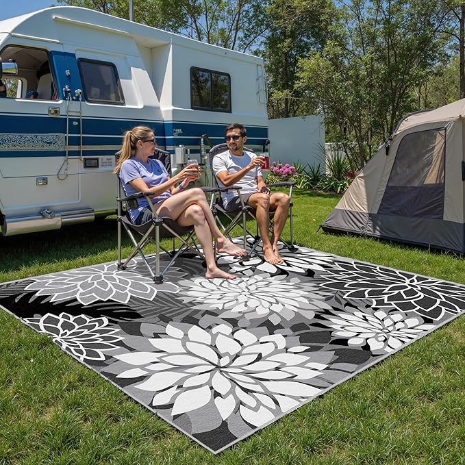 Indoor Outdoor Area Rug Washable Multicolored Rug Tropical Botanical Modern Floral Indoor Outdoor Carpet Black White Rug Non Slip Non Shedding for Patio, Deck, Backyard, Porch (6x9)