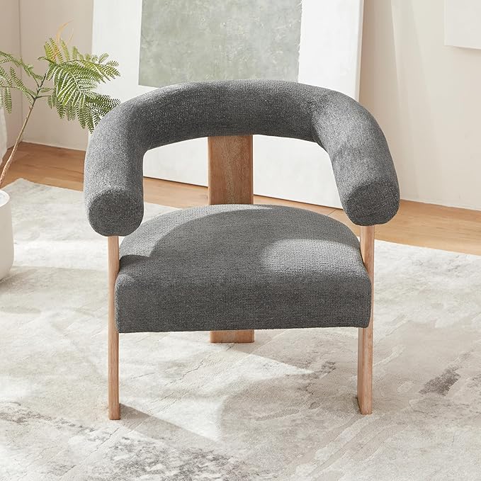 VKNOW Accent Chair Living Room Chair, Modern Upholstered Armchair with Solid Wood Legs, Comfy Barrel Arm Chairs for Living Room Bedroom, Dark Grey