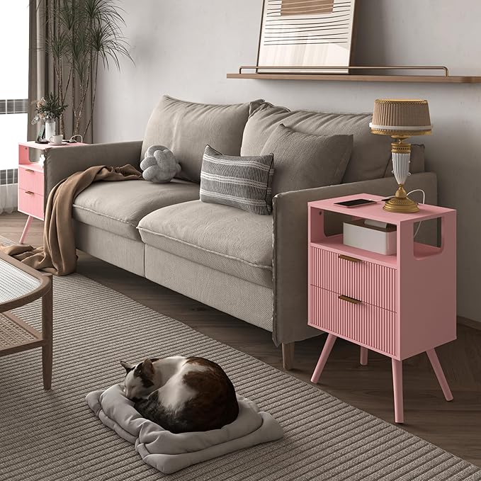 Pink Nightstand with Charging Station and LED Lights,Modern Bedside Table with 2 Storage Drawer and Open Wood Shelf, for Bedroom and Small Spaces,Night Stand with Solid Wood Legs,Pink