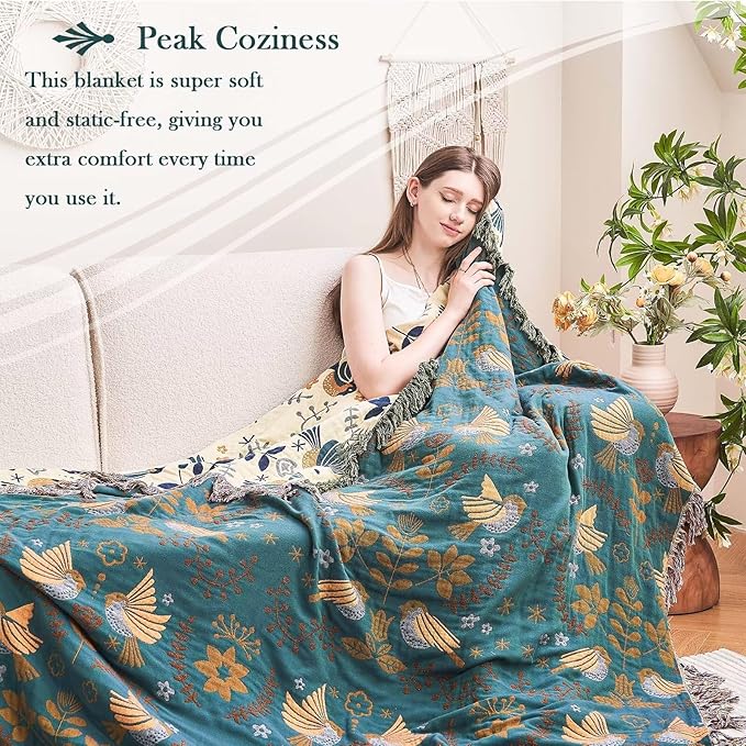 Boho Throw Blanket, 100% Cotton Ultra Soft Luxury Throw Rustic Quilt, 60"x80" Floral Printed Farmhouse Decor Bed Summer Blankets, All Season Rustic Reversible Bohemian Throw for Bed - Blue