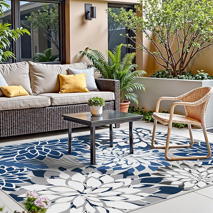 Indoor Outdoor Area Rug Washable Multicolored Patio Rug Tropical Botanical Modern Floral Indoor Outdoor Carpet Blue White Rug Non Slip for Patio, Deck, Backyard, Porch (8x10)