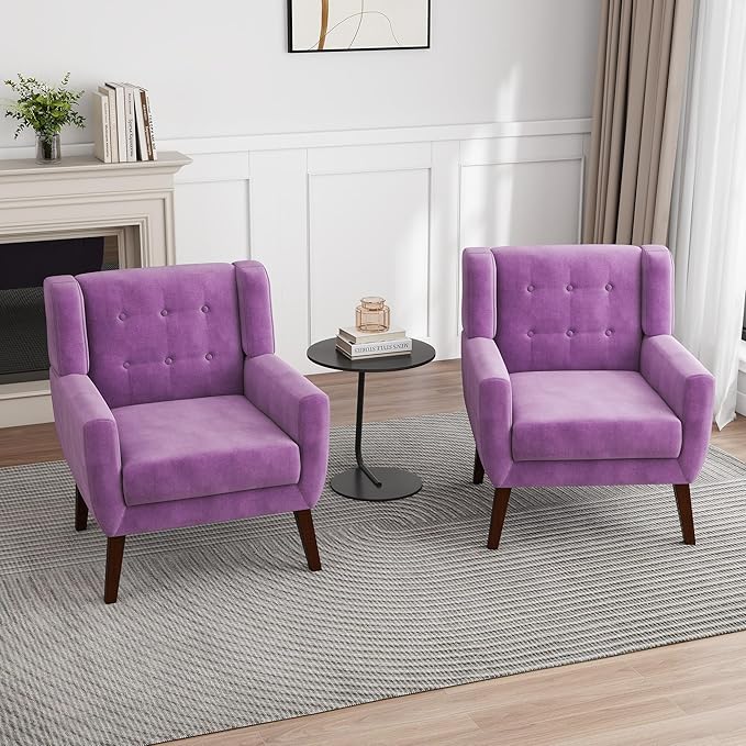 UIXE Accent Chair Modern Upholstered Armchair, Mid Century Club Arm Chairs Comfy Single Sofa Living Room Button Tufted Reading Seat Bedroom Side Seating, Velvet-Purple