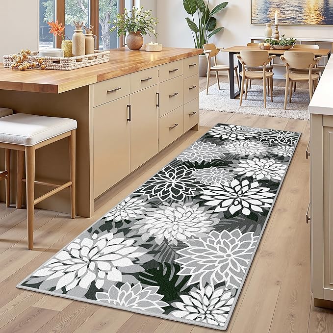 Area Rug 2x6 Black White Washable Entry Rug Multicolored Tropical Botanical Modern Floral Indoor Kitchen Door Mat Entrance Carpet Non Slip for Bedroom Living Room, Porch