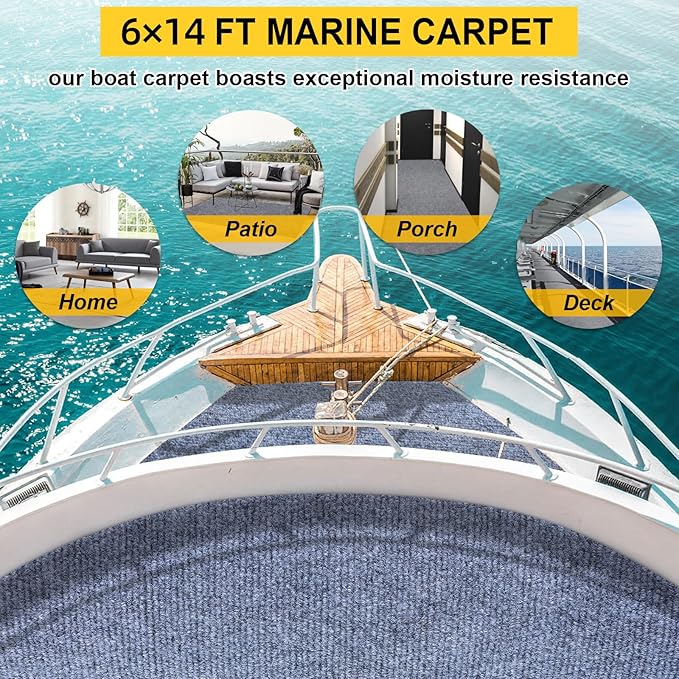 Marine Carpet,6 FT x 14 FT Blue-Gray Indoor Outdoor Carpet 0.2" Thick Boat Carpet with Water-Proof TPE Backing, Non-Slide Outdoor Marine Carpet Roll for Home, Patio, Porch, Deck