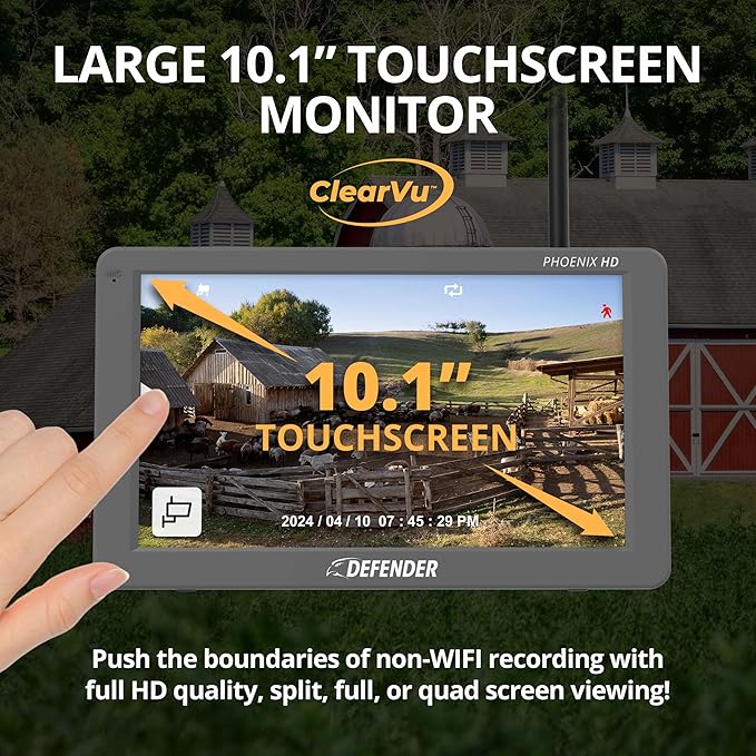 Defender PhoenixHD Wireless Security Camera System with 10.1” Touchscreen Monitor, 2 Outdoor 1080P HD Night Vision Cameras, Plug & Play Home Security System, Two Way Talk, No WiFi Required
