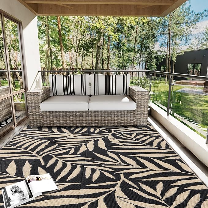 OLANLY Waterproof Outdoor Rug 6x9 ft, Reversible Outdoor Plastic Straw Rug with Leaf Pattern, RV Mat, Indoor Outdoor Carpet for Patio, Camping, Balcony, Deck, Backyard, Black & Beige