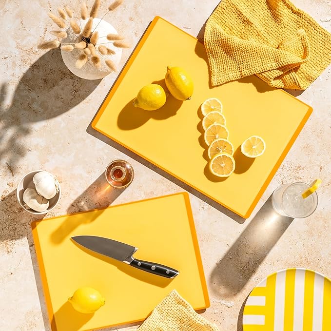 SMIRLY Plastic Cutting Board Set 3 Pieces, Non-Slip Dishwasher Safe Chopping Boards for Kitchen, Yellow