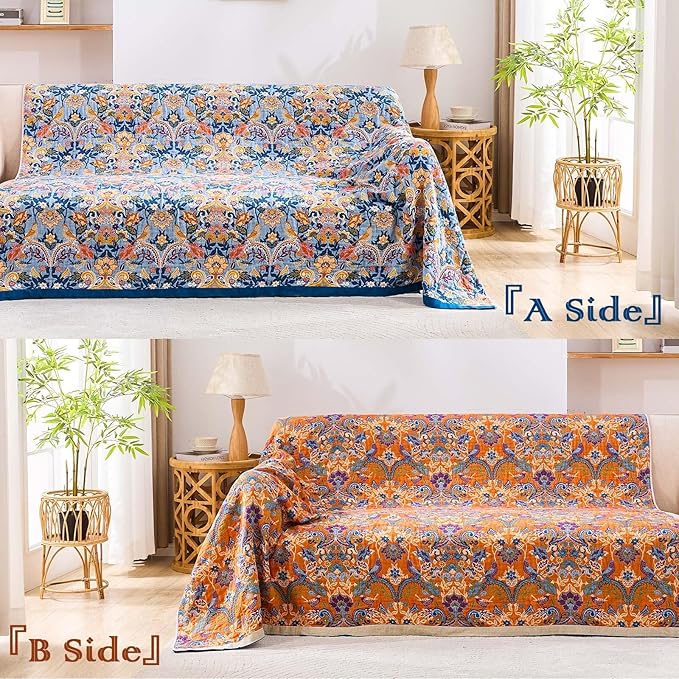 Boho Throw Blanket for Bed, 100% Cotton Soft Rustic Quilt Fall Blanket, 50"x60" Floral Printed Farmhouse Decor Bed Blankets, All Season Rustic Reversible Bohemian Throw Quilt