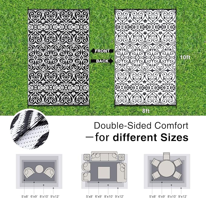 OLANLY Outdoor Rug Waterproof 8x10 ft Clearance, Reversible Outdoor Plastic Straw Rug with Floral Pattern, RV Mat for Patio, Camping, Balcony, Deck, Backyard, Black & White