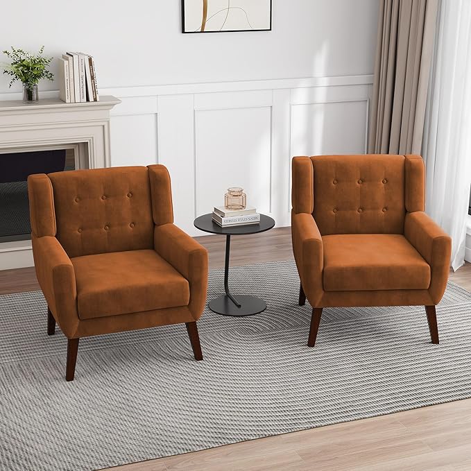 UIXE Accent Chair, Velvet Upholstered Armchair for Living Room, Modern Club Arm Chairs Comfy Single Sofa Button Tufted Bedroom Reading Seat - Orange, Set of 4