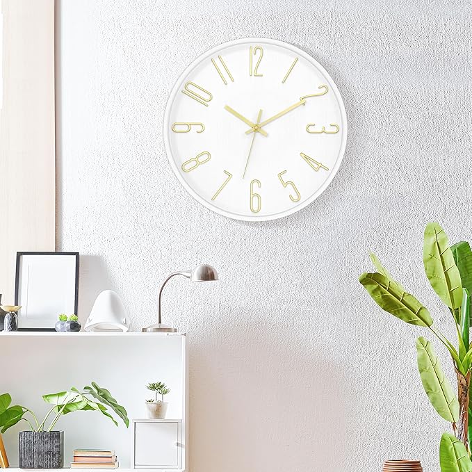 Foxtop Wall Clock 12 Inch Silent Non Ticking Battery Operated Round Wall Clock Modern Simple Style Clocks Decorative for Home Office Bedroom Kitchen School (White)