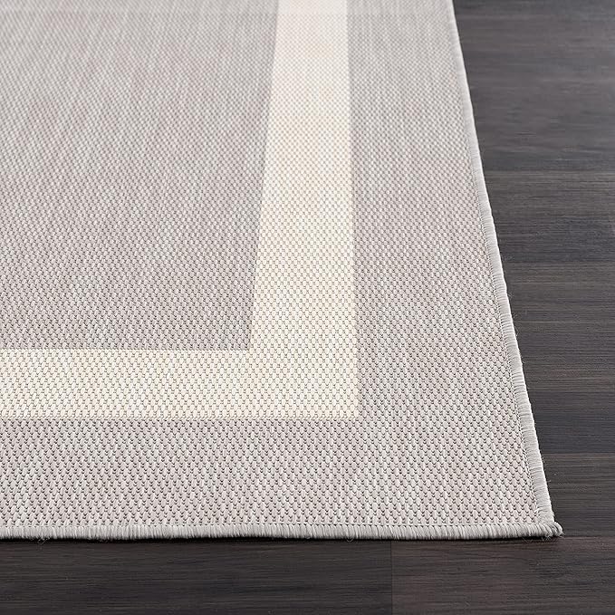 CAMILSON Outdoor Rug 9x12,Large Modern Outside Rugs for Patios Porches Waterproof Durable Washable Non-Shedding, Easy-to-Clean Indoor Outdoor Area Carpet (9 x 12, Bordered - Gray/White)
