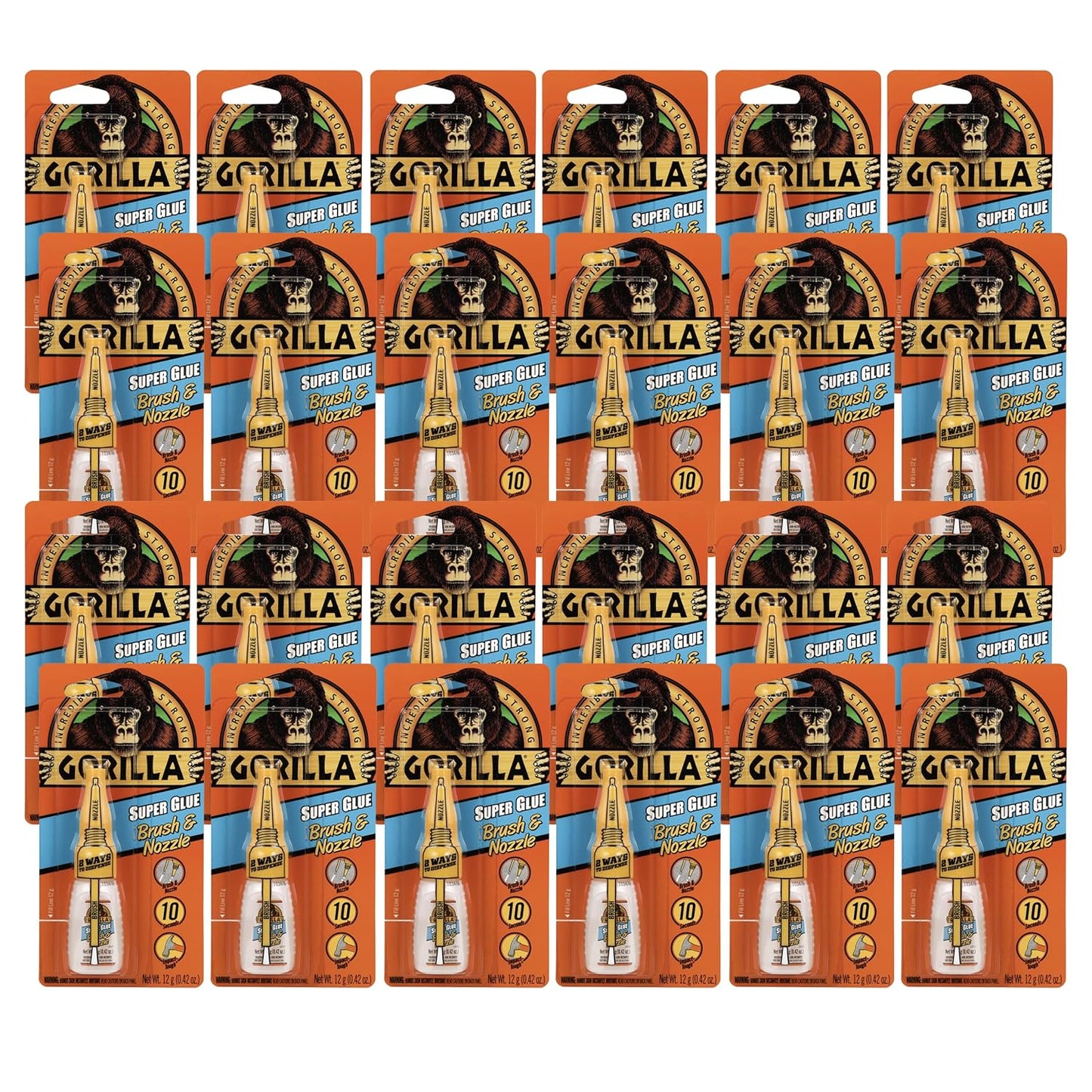 Gorilla Super Glue with Brush & Nozzle Applicator, Clear Glue, 12 Gram (Pack of 24) - All Purpose and Fast Setting for Projects and Repairs