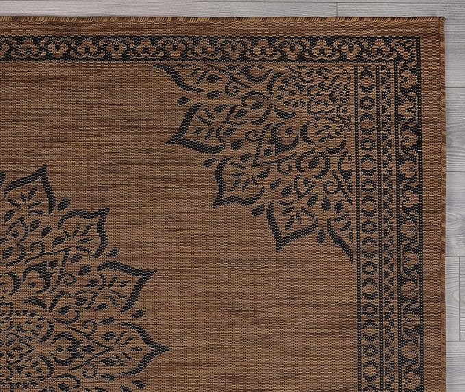 CAMILSON Outdoor Rug, 10x14 Medallion Nut Brown Black Modern Area Rugs for Large Indoor and Outdoor Patios, Kitchen and Hallway Mats, Washable Porch Deck Outside Carpet (Nut Brown Black, 10 x 14)