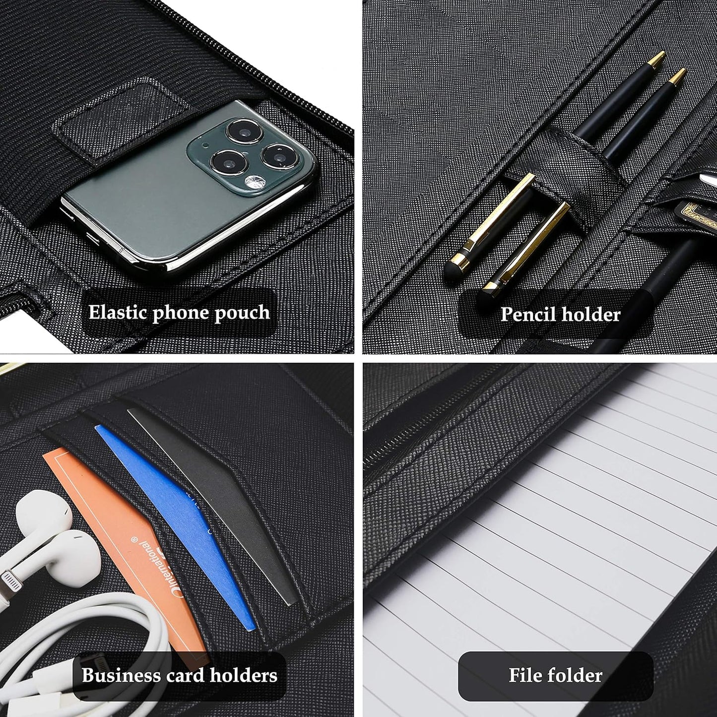 ProCase Portfolio Business Padfolio Folder with Handle and Zipper, Conference Meeting Executive File Legal Document Organizer with Pockets Letter Size A4 Writing Pad Notepad Padfolio -Allblack