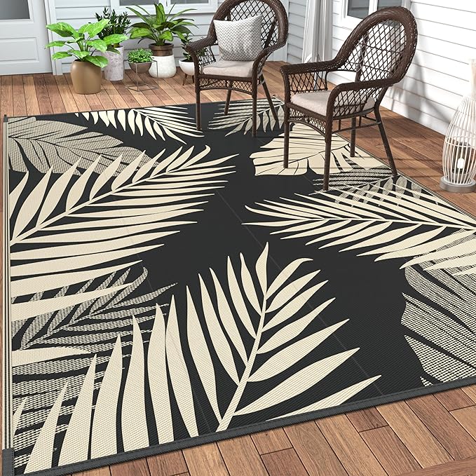 GENIMO Outdoor Rug 10' x 14' Waterproof for Patios Clearance, Reversible Outdoor Plastic Straw Camping Rug Carpet, Large Area Rugs Mats for RV, Camper, Deck, Balcony, Porch, Beach, Picnic, Black&Beige