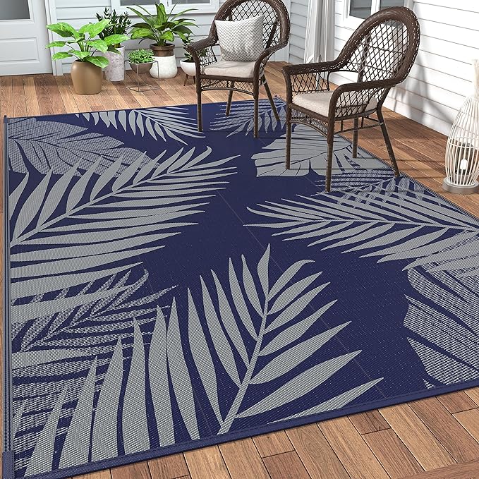 GENIMO Outdoor Rug 5' x 8' Waterproof for Patios Clearance, Reversible Outdoor Plastic Straw Camping Rug Carpet, Large Area Rugs Mats for RV, Picnic, Backyard, Deck, Balcony, Porch, Beach, Blue&Grey